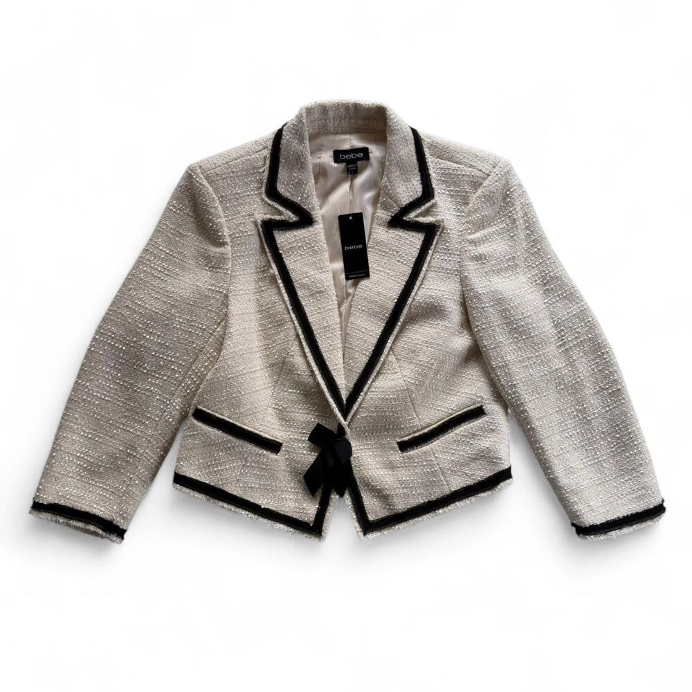 Bebe white sparkly tweed blazer with black trim & bow size large NEW with tags